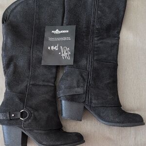 Fergalicious Black Suede Mid-Calf Ring-Accent Heeled Boots